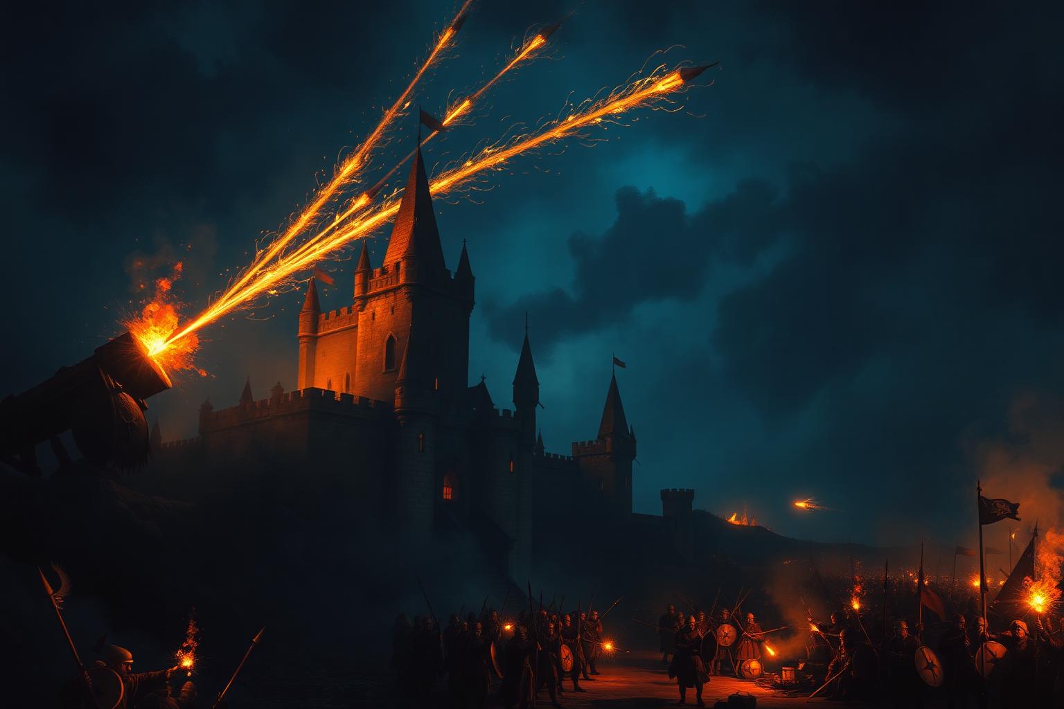 Cerco noturno a um castelo, com flechas em chamas cruzando o céu
